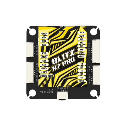 Top view of iFlight BLITZ H7 Pro flight controller with labeled pads and side connectors for RX/TX, 5V, 12V, VBAT and GND.