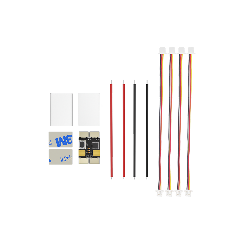 iFlight BLITZ 5V LED control module board with adhesive pads, red/black leads, and multiple 3-pin plug cables