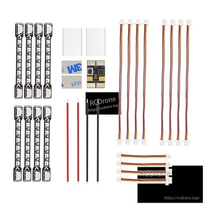 iFlight BLITZ LED control module kit with small controller board, 8 LED strips, 3-pin wiring leads, and 3M pads