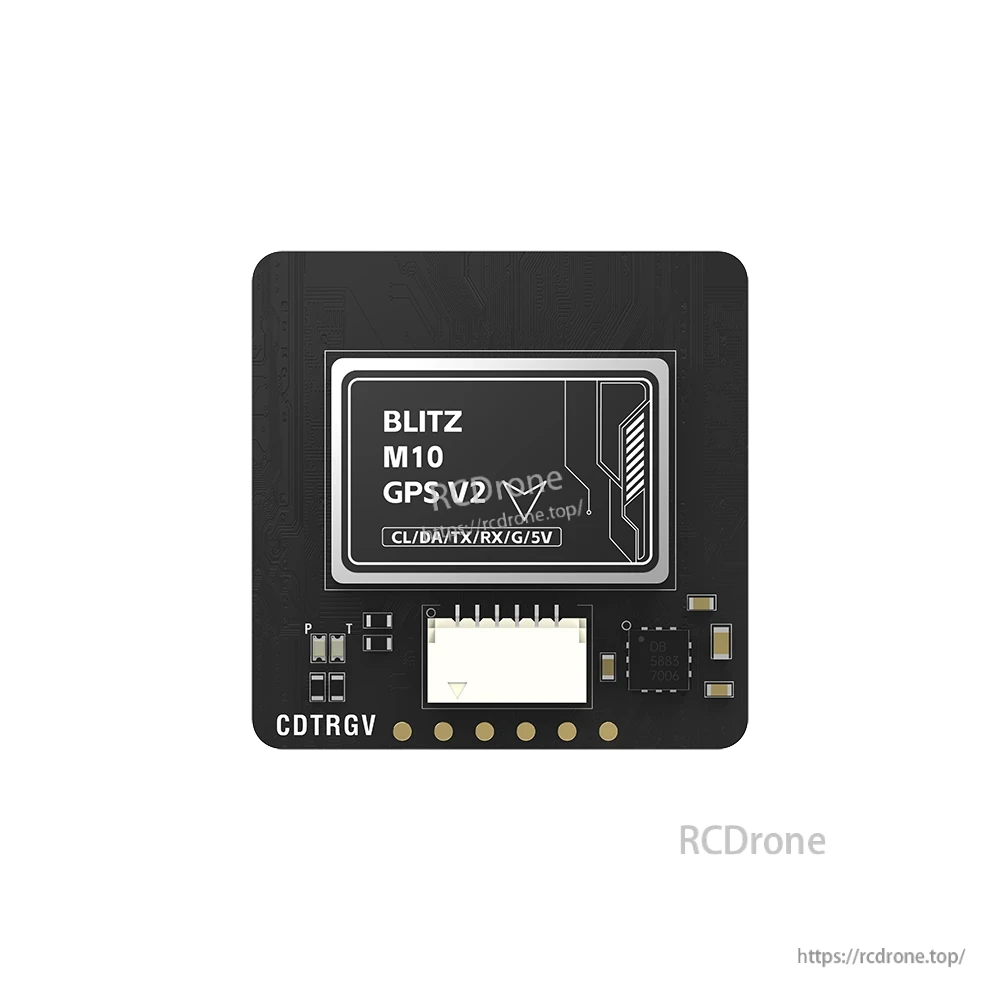 iFlight BLITZ M10 GPS V2 module with JST connector and solder pads labeled CL/DA/TX/RX/G/5V