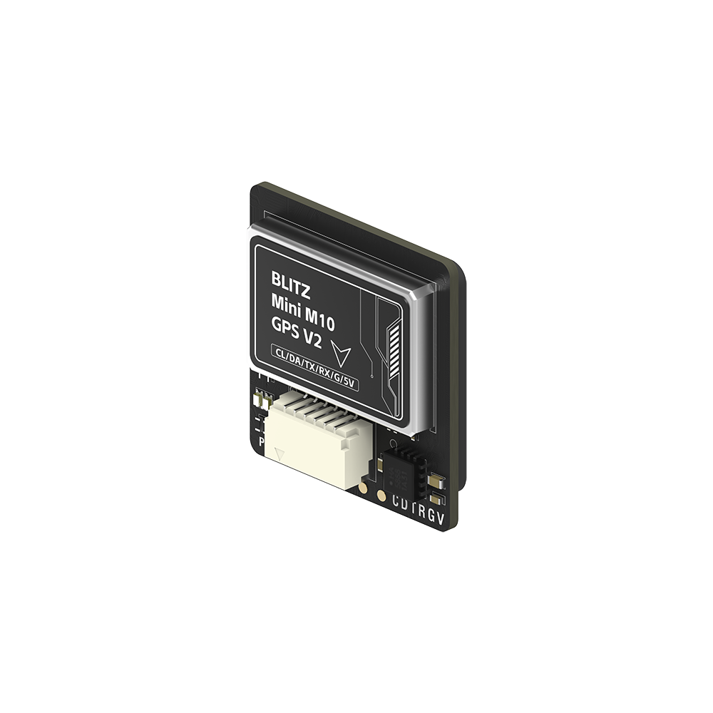 iFlight BLITZ M10 GPS, iFlight BLITZ Mini M10 GPS V2 module with 6-pin connector and labeled TX/RX/5V pads on a small PCB