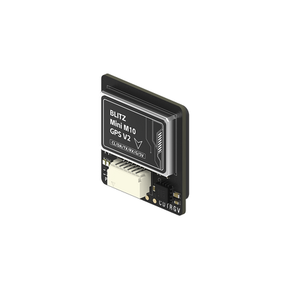 iFlight BLITZ M10 GPS, iFlight BLITZ Mini M10 GPS V2 module with 6-pin connector and labeled TX/RX/5V pads on a small PCB