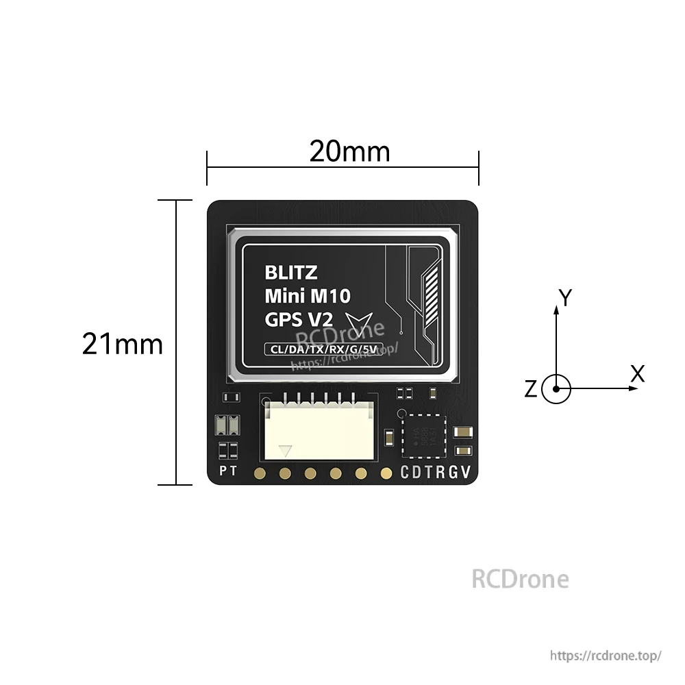 iFlight BLITZ M10 GPS, iFlight BLITZ Mini M10 GPS V2 module board with plug connector and labeled TX/RX, SDA/SCL, GND and 5V pads