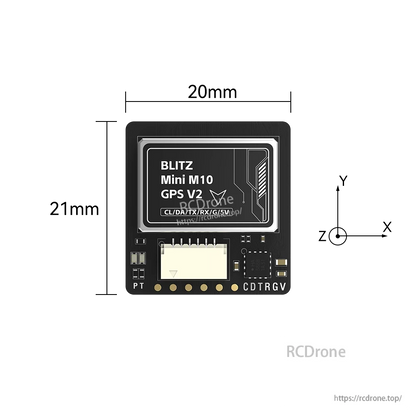 iFlight BLITZ M10 GPS, iFlight BLITZ Mini M10 GPS V2 module board with plug connector and labeled TX/RX, SDA/SCL, GND and 5V pads