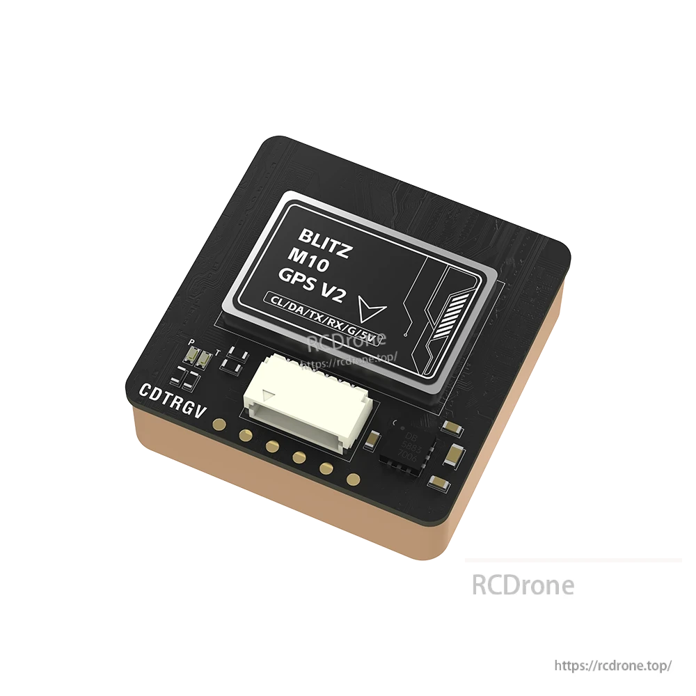 iFlight BLITZ M10 GPS V2 module on PCB with JST connector and labeled solder pads