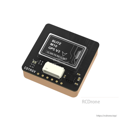 iFlight BLITZ M10 GPS V2 module on PCB with JST connector and labeled solder pads