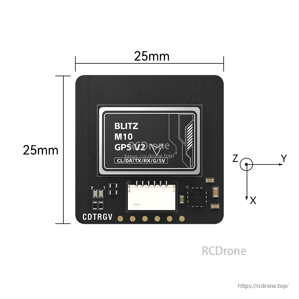 iFlight BLITZ M10 GPS V2 module with JST connector and solder pads labeled CL/DA/TX/RX/G/5V