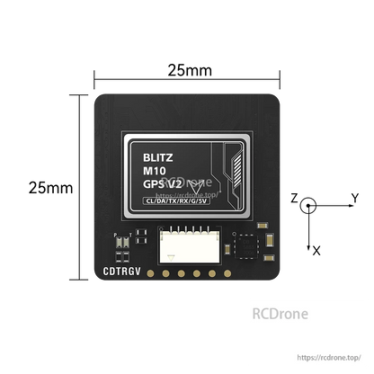 iFlight BLITZ M10 GPS V2 module with JST connector and solder pads labeled CL/DA/TX/RX/G/5V