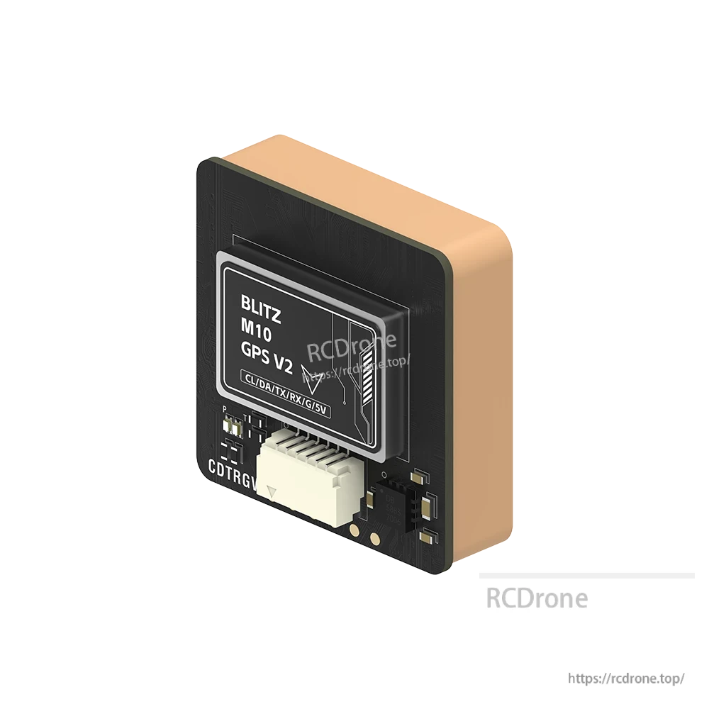 iFlight BLITZ M10 GPS V2 module with onboard antenna and 6-pin connector labeled CL/DA/TX/RX/G/5V