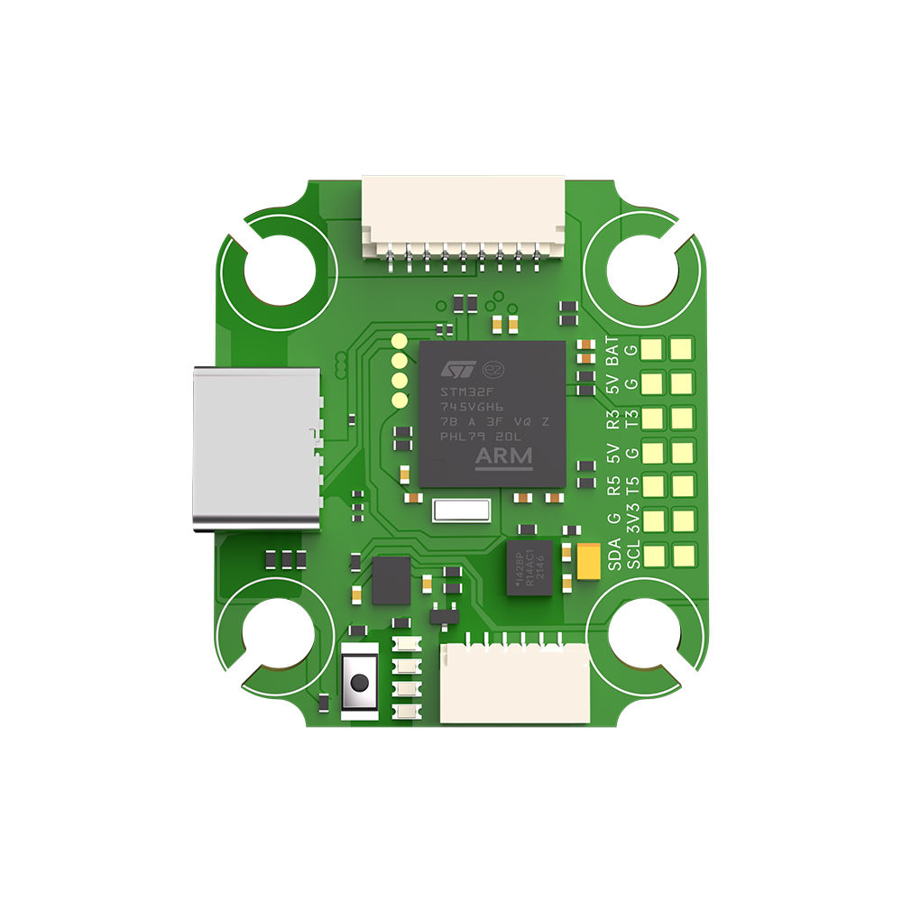 iFlight BLITZ Mini F745 flight controller PCB with USB-C port, JST connectors, and labeled BAT/5V pads