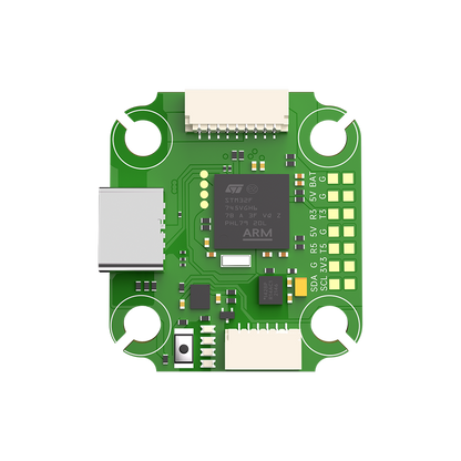 iFlight BLITZ Mini F745 flight controller PCB with USB-C port, JST connectors, and labeled BAT/5V pads