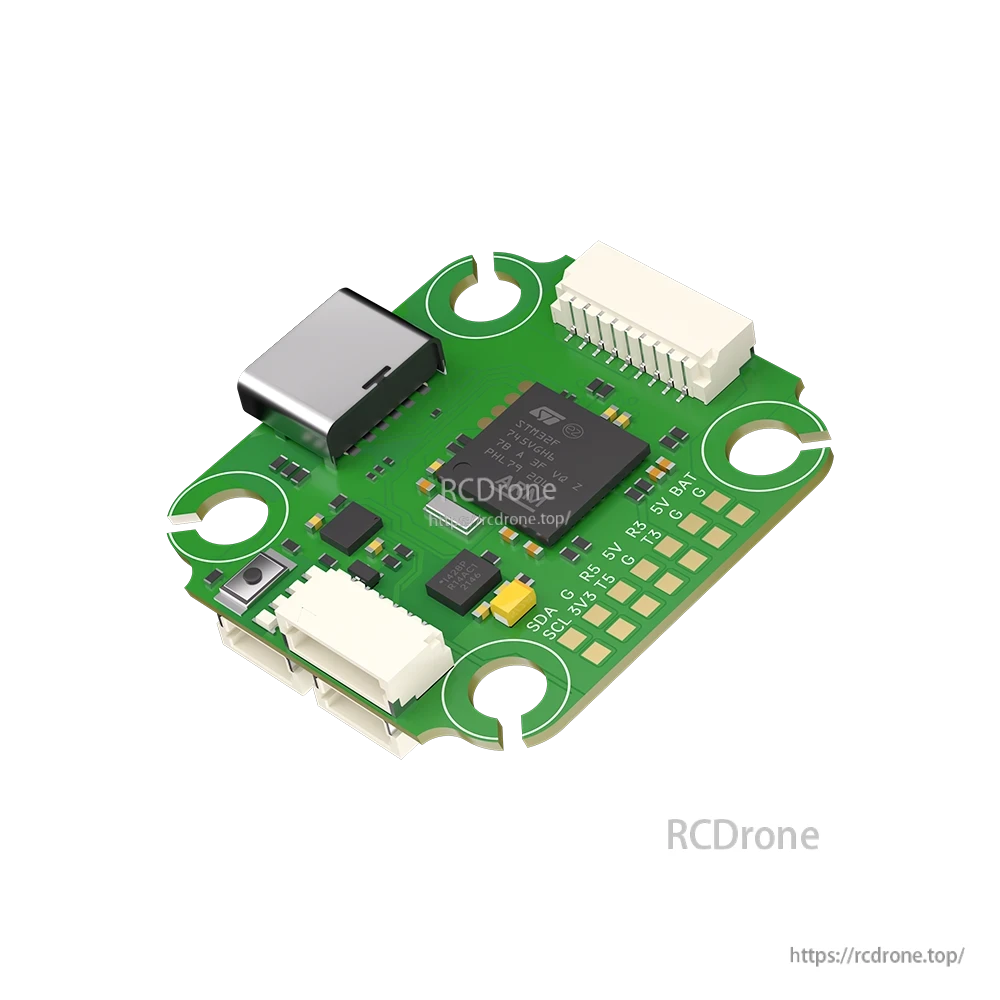 iFlight BLITZ Mini F745 flight controller board with USB-C port, two JST connectors, and labeled solder pads