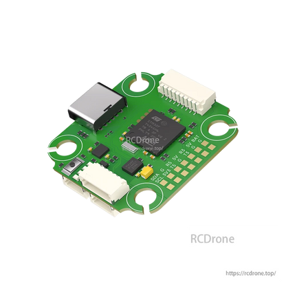 iFlight BLITZ Mini F745 flight controller board with USB-C port, two JST connectors, and labeled solder pads