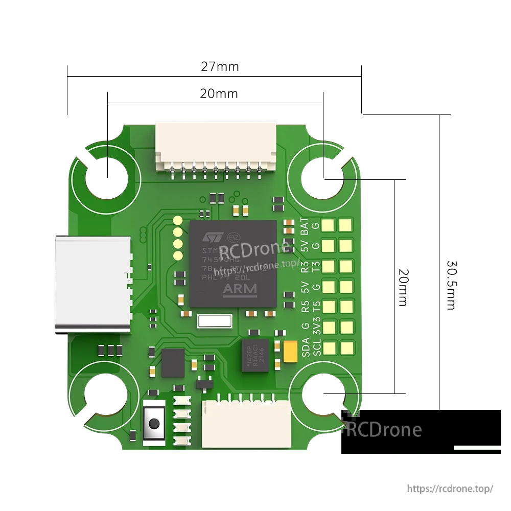 iFlight BLITZ Mini F745 flight controller PCB with USB-C port, plug connectors, and labeled solder pads