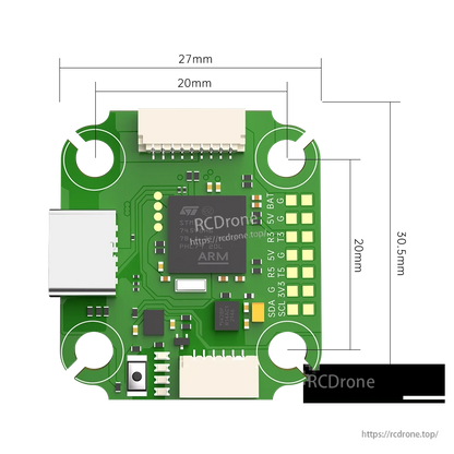 iFlight BLITZ Mini F745 flight controller PCB with USB-C port, plug connectors, and labeled solder pads