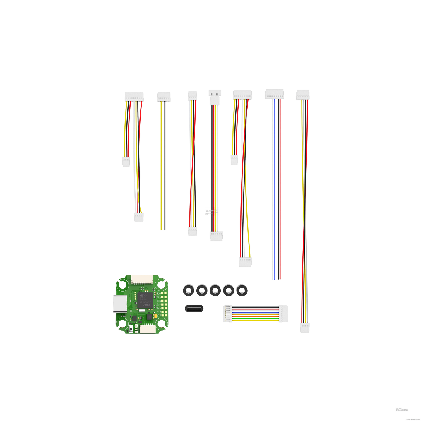 iFlight BLITZ Mini F745 flight controller board kit with wiring harnesses, ribbon cable, and mounting grommets