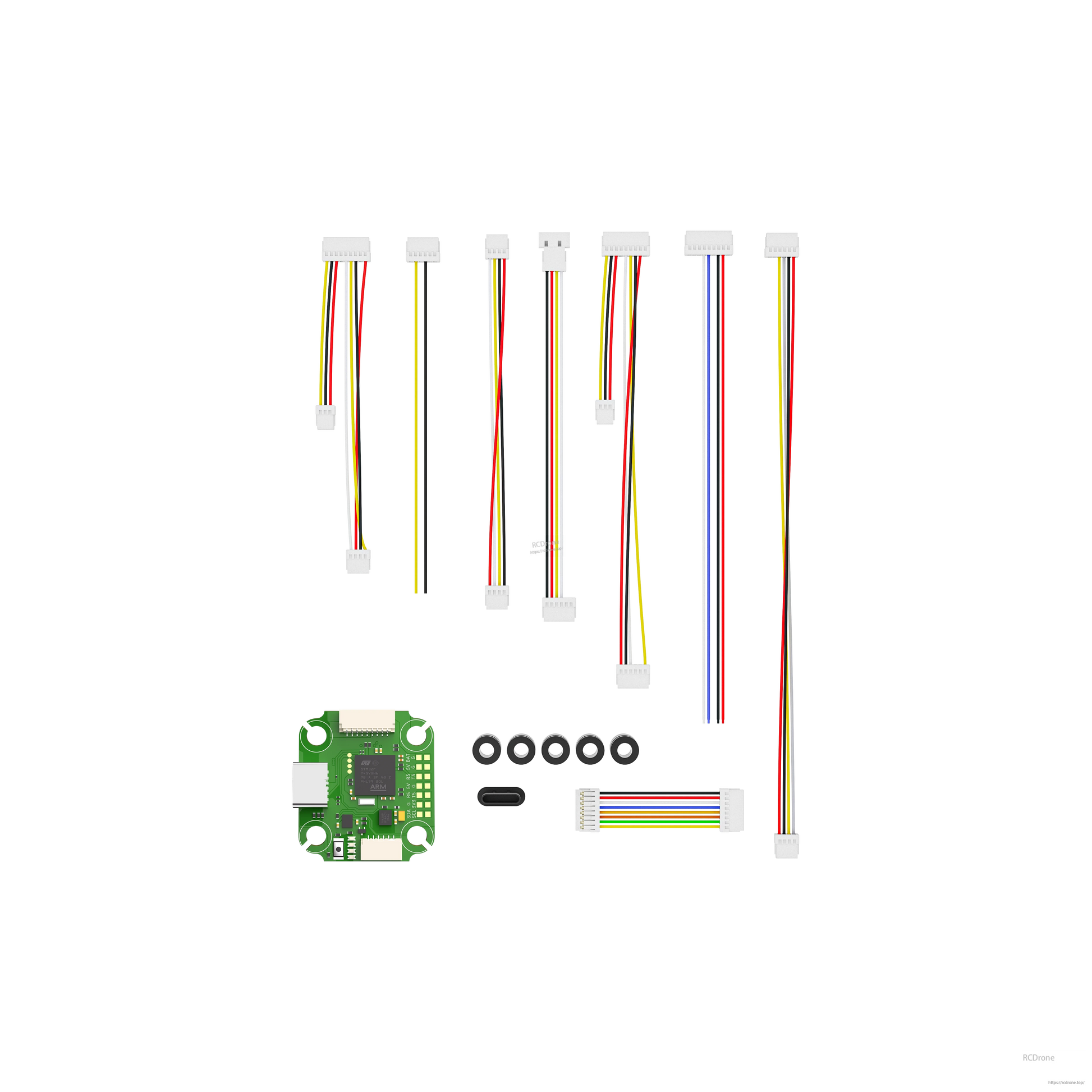 iFlight BLITZ Mini F745 flight controller board kit with wiring harnesses, ribbon cable, and mounting grommets