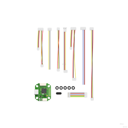 iFlight BLITZ Mini F745 flight controller board kit with wiring harnesses, ribbon cable, and mounting grommets