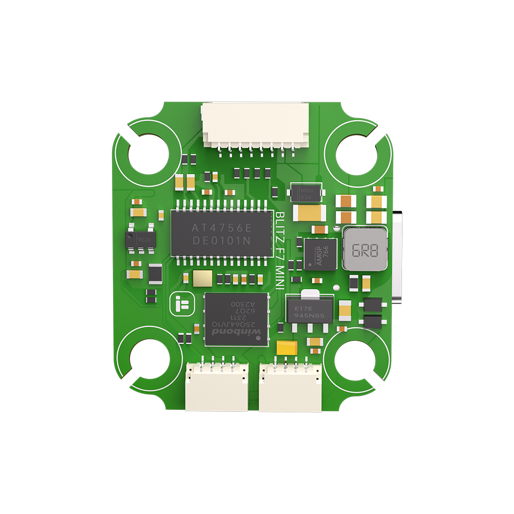 Top view of iFlight BLITZ Mini F745 flight controller board with JST connectors, labeled BLITZ F7 MINI and 4 mounting holes