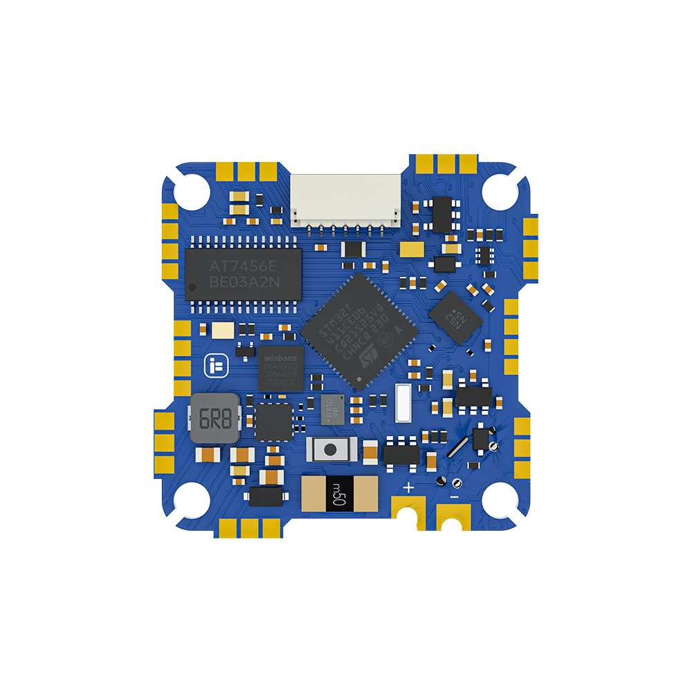 iFlight BLITZ Whoop AIO flight controller + ESC board with top plug connector, solder pads, and MCU chip