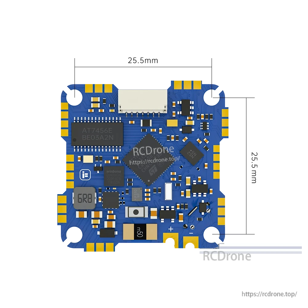 iFlight BLITZ Whoop AIO F411 flight controller/ESC board with white plug connector, solder pads, and corner mounting holes