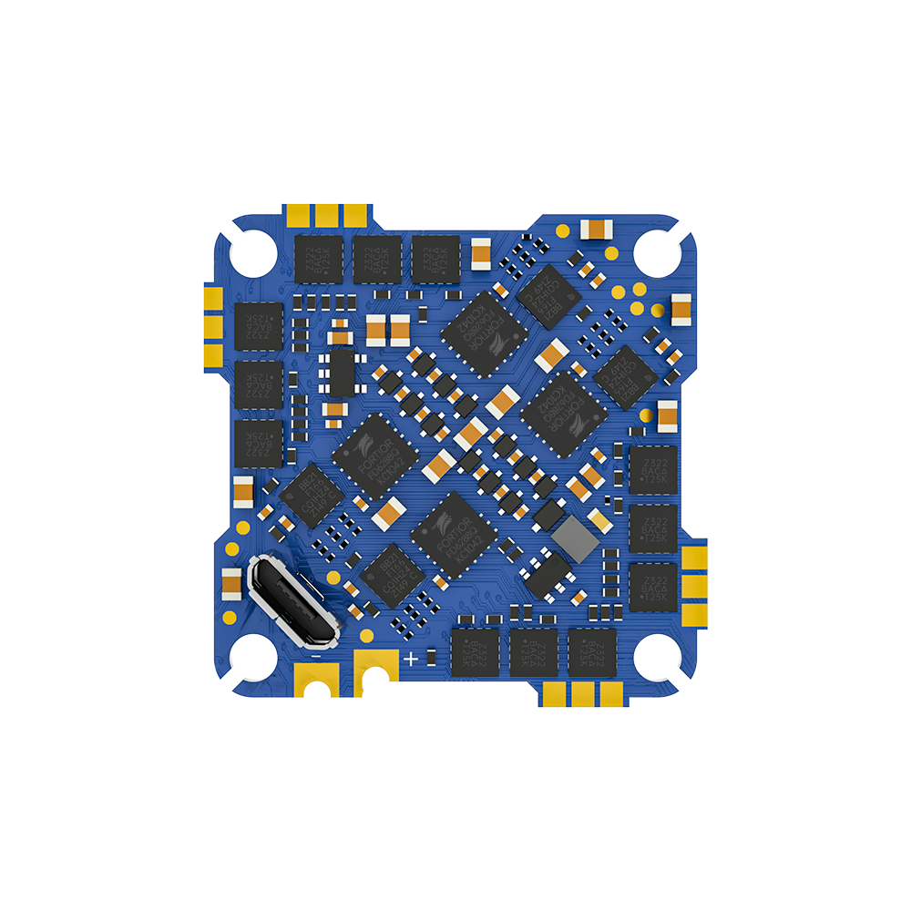 Top view of iFlight BLITZ Whoop AIO flight controller board with USB-C port, four mounting holes and solder pads