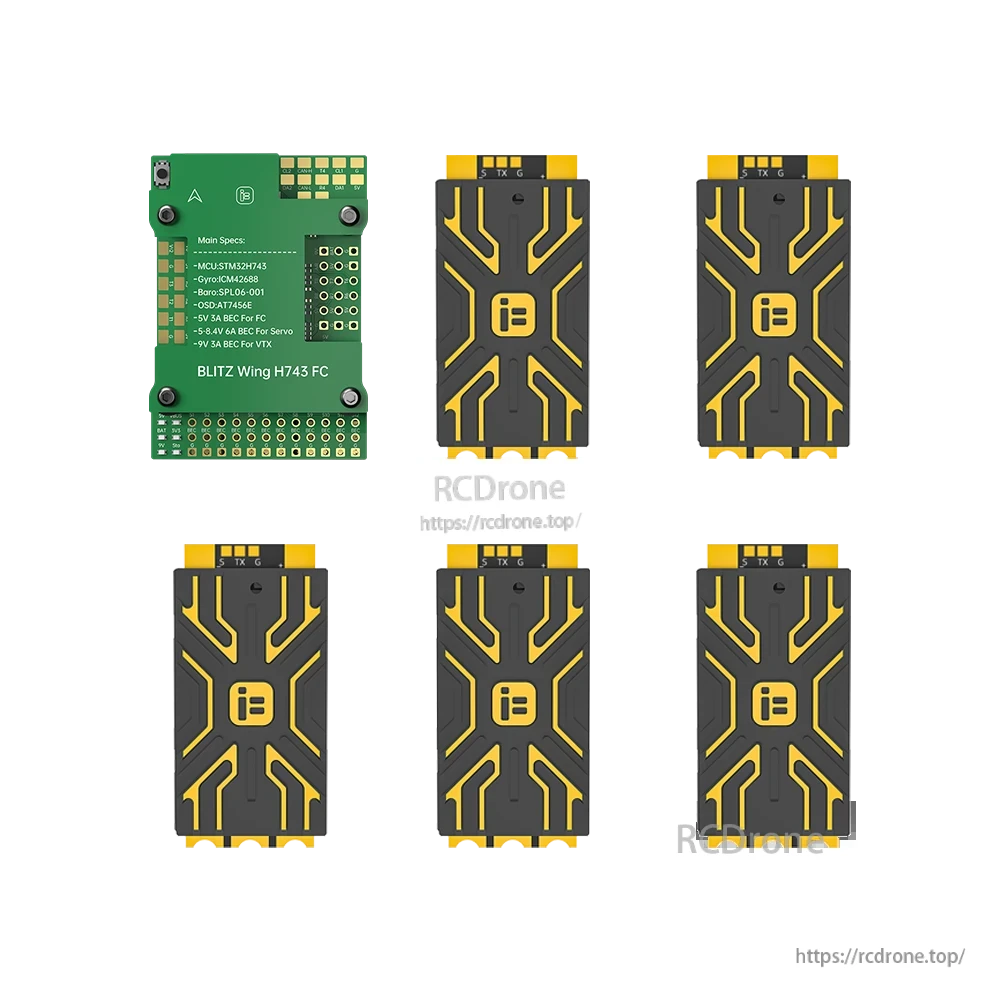 iFlight BLITZ Wing H743 flight controller board with main specs text and five BLITZ ESC modules