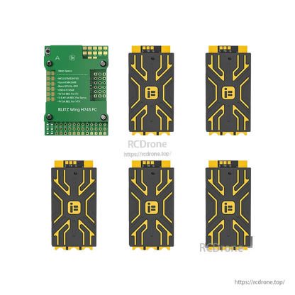 iFlight BLITZ Wing H743 flight controller board with main specs text and five BLITZ ESC modules