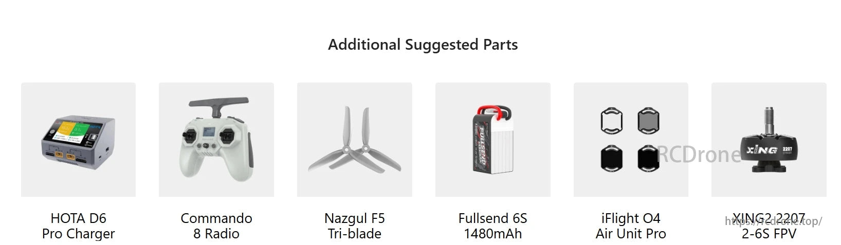 Suggested parts for iFlight BOB46 Drone include HOTA charger, Commando radio, Nazgul propellers, Fullsend battery, O4 Air Unit Pro, and XING2 motors.
