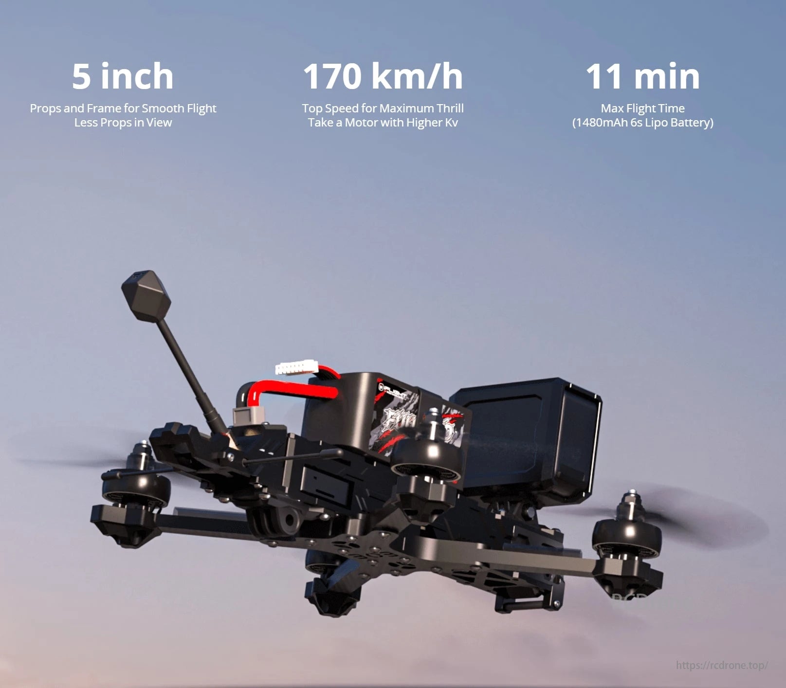 iFlight BOB46 Drone features 5-inch props, reaches 170 km/h, and offers up to 11 minutes flight time with a 1480mAh 6S Lipo battery.