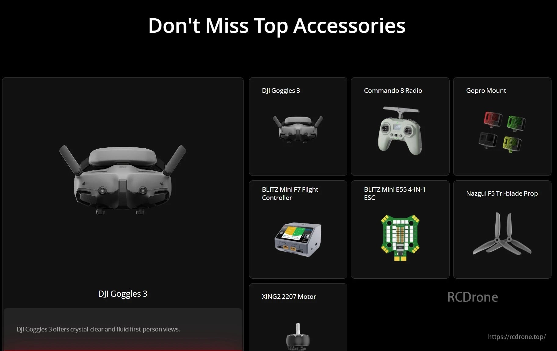 iFlight BOB46 Drone, Top drone accessories include DJI Goggles 3 for clear views, Commando 8 Radio, GoPro Mount, BLITZ controllers, ESC, Nazgul props, and XING2 motors.