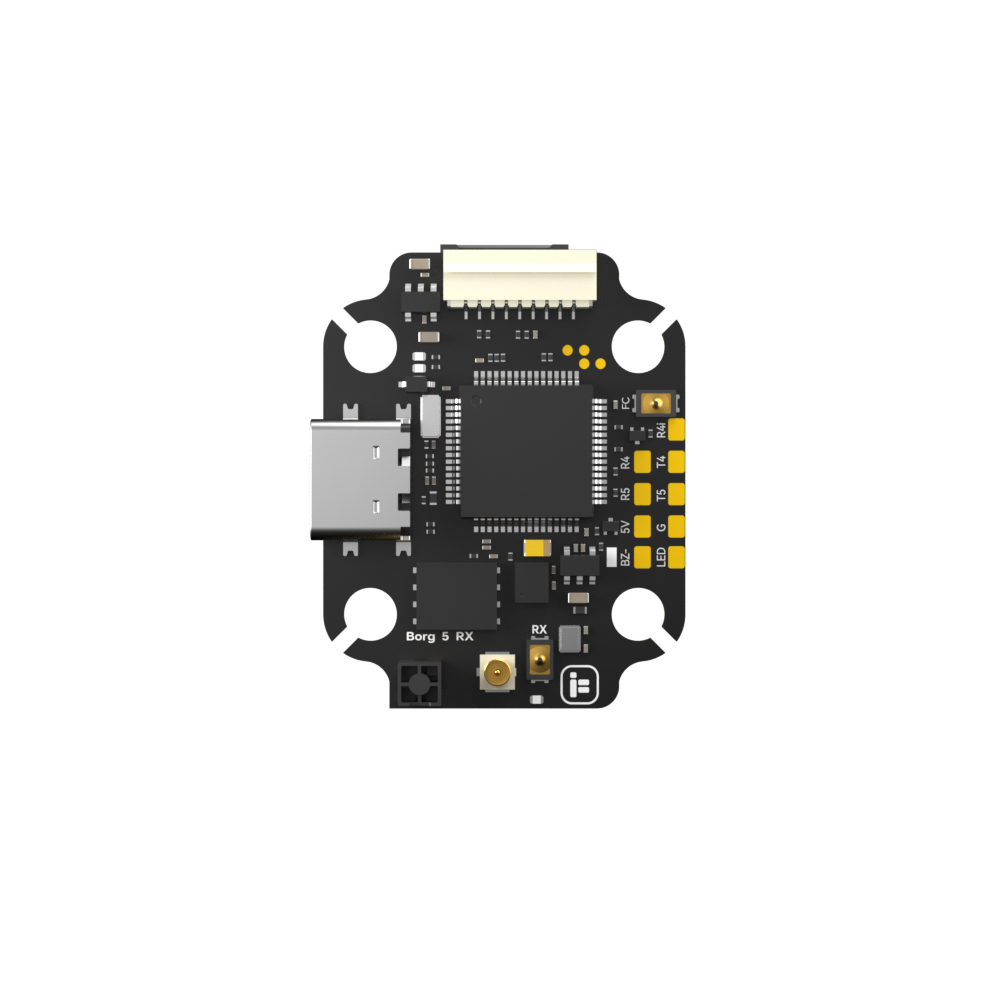 iFlight Borg 5S RX flight controller board with USB-C port, top JST plug, and labeled solder pads