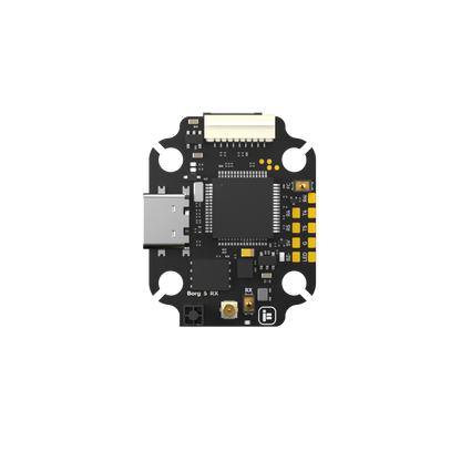 iFlight Borg 5S RX flight controller board with USB-C port, top JST plug, and labeled solder pads