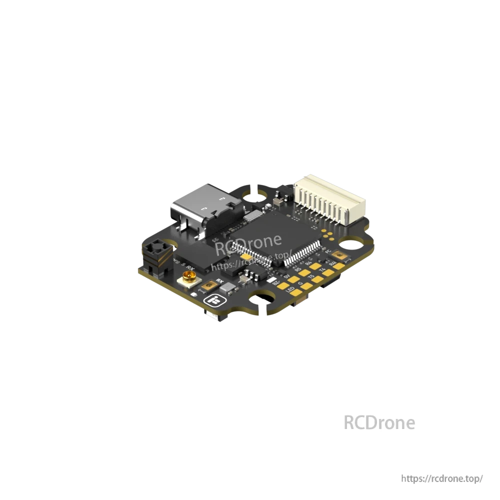 iFlight Borg 5S RX flight controller board with USB-C port, white JST connector, and labeled solder pads