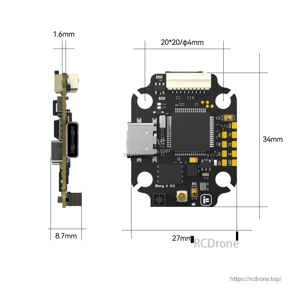 iFlight Borg 5S RX Flight Controller, iFlight Borg 5 RX flight controller board with USB-C port, top plug connector, and labeled solder pads