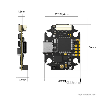 iFlight Borg 5S RX Flight Controller, iFlight Borg 5 RX flight controller board with USB-C port, top plug connector, and labeled solder pads