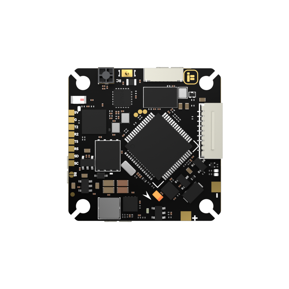 iFlight Borg F7 AIO flight controller board with JST connector, labeled solder pads, and four mounting holes