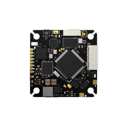 iFlight Borg F7 AIO flight controller board with JST connector, labeled solder pads, and four mounting holes