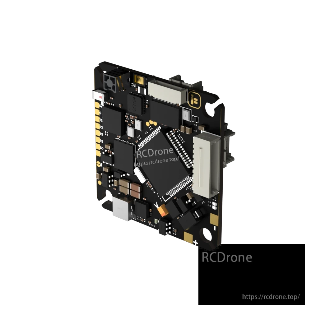 iFlight Borg F7 AIO flight controller board with labeled solder pads, mounting holes, and side connector