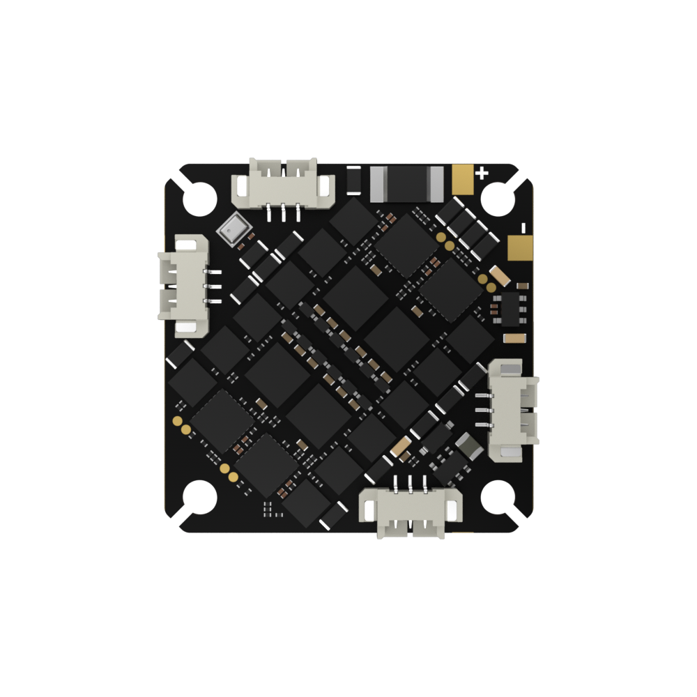 Top view of iFlight Borg F7 AIO flight controller PCB with edge plug connectors and marked +/− power pads.