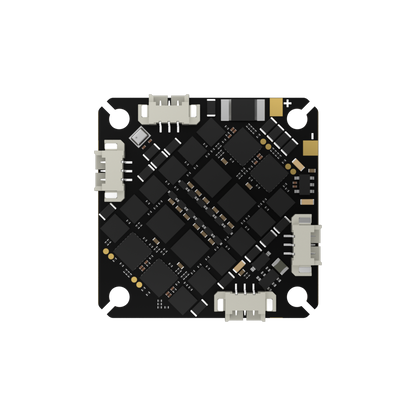 Top view of iFlight Borg F7 AIO flight controller PCB with edge plug connectors and marked +/− power pads.