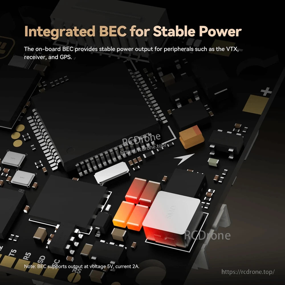 Close-up of iFlight Borg F7 AIO flight controller PCB highlighting the integrated BEC with 5V 2A output