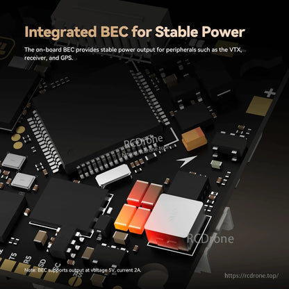Close-up of iFlight Borg F7 AIO flight controller PCB highlighting the integrated BEC with 5V 2A output