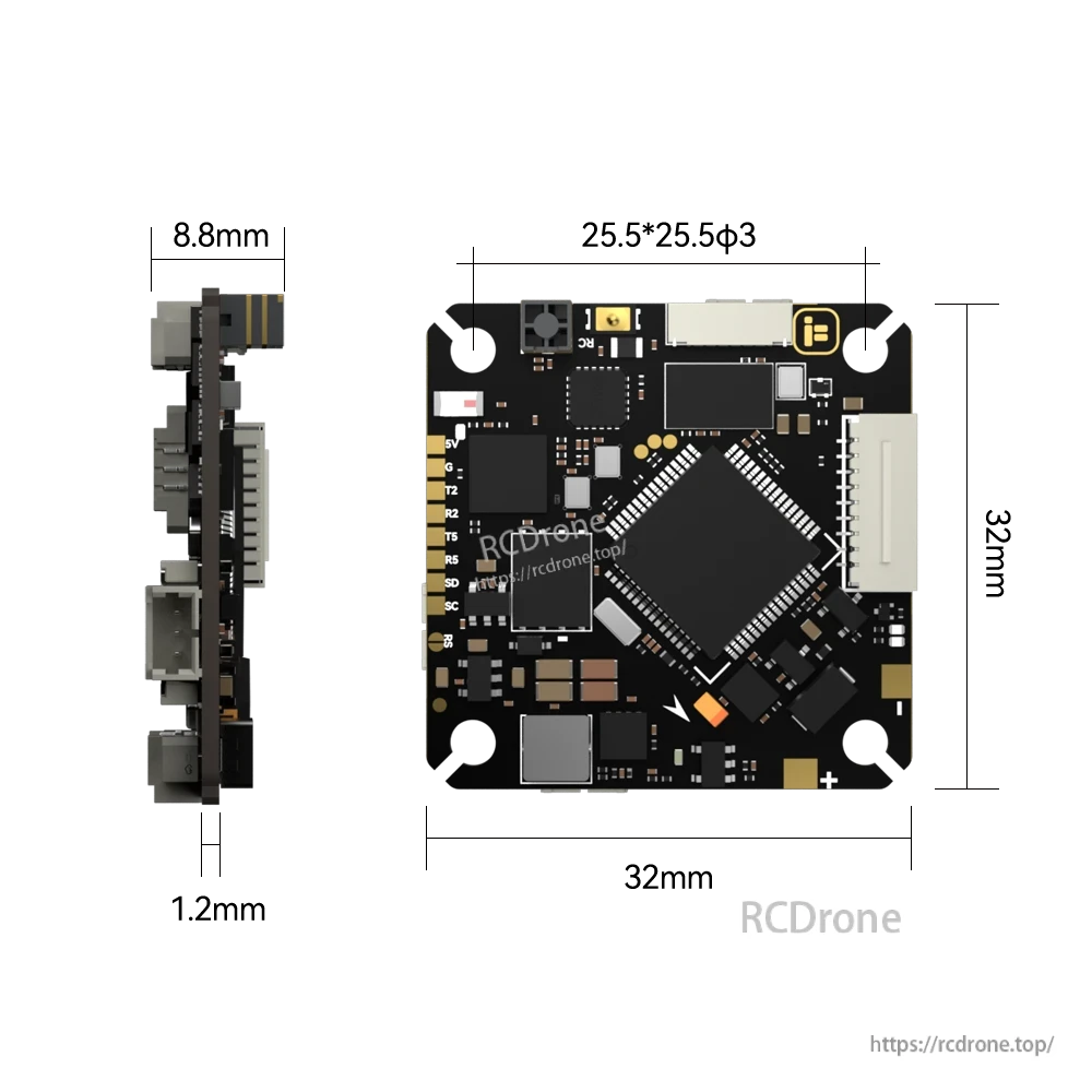 iFlight Borg F7 AIO flight controller board with labeled solder pads and side connector layout