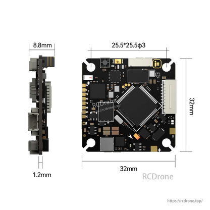 iFlight Borg F7 AIO flight controller board with labeled solder pads and side connector layout