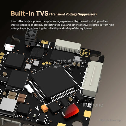 Close-up of iFlight Borg F7 AIO flight controller board highlighting built-in TVS transient voltage suppressor