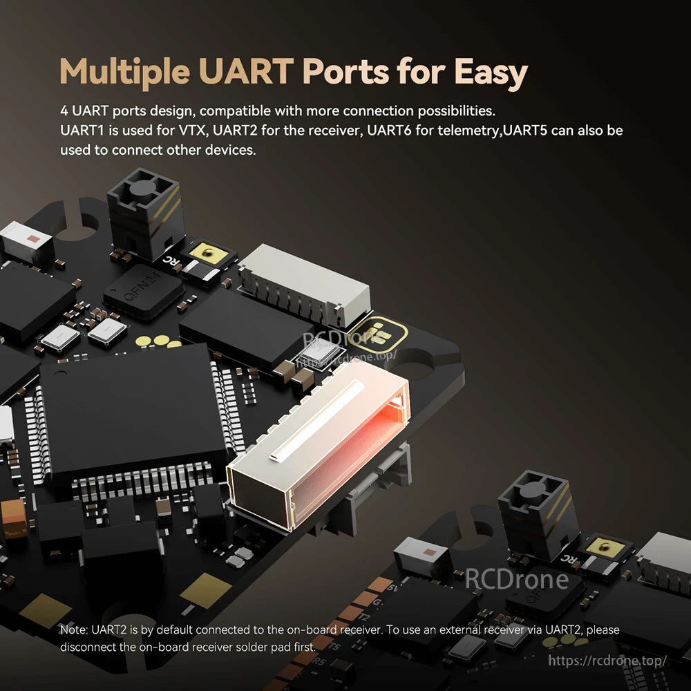 Close-up of iFlight Borg F7 AIO flight controller board with connector and labeled multiple UART port support