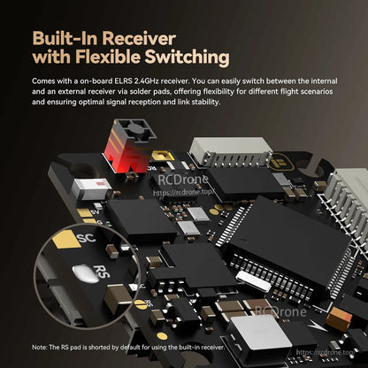 iFlight Borg F7 AIO flight controller PCB with built-in ELRS 2.4GHz receiver and RS solder pad switching