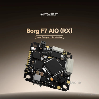 iFlight Borg F7 AIO Flight Controller, iFlight Borg F7 AIO (RX) flight controller board with labeled pads, mounting holes, and plug connectors