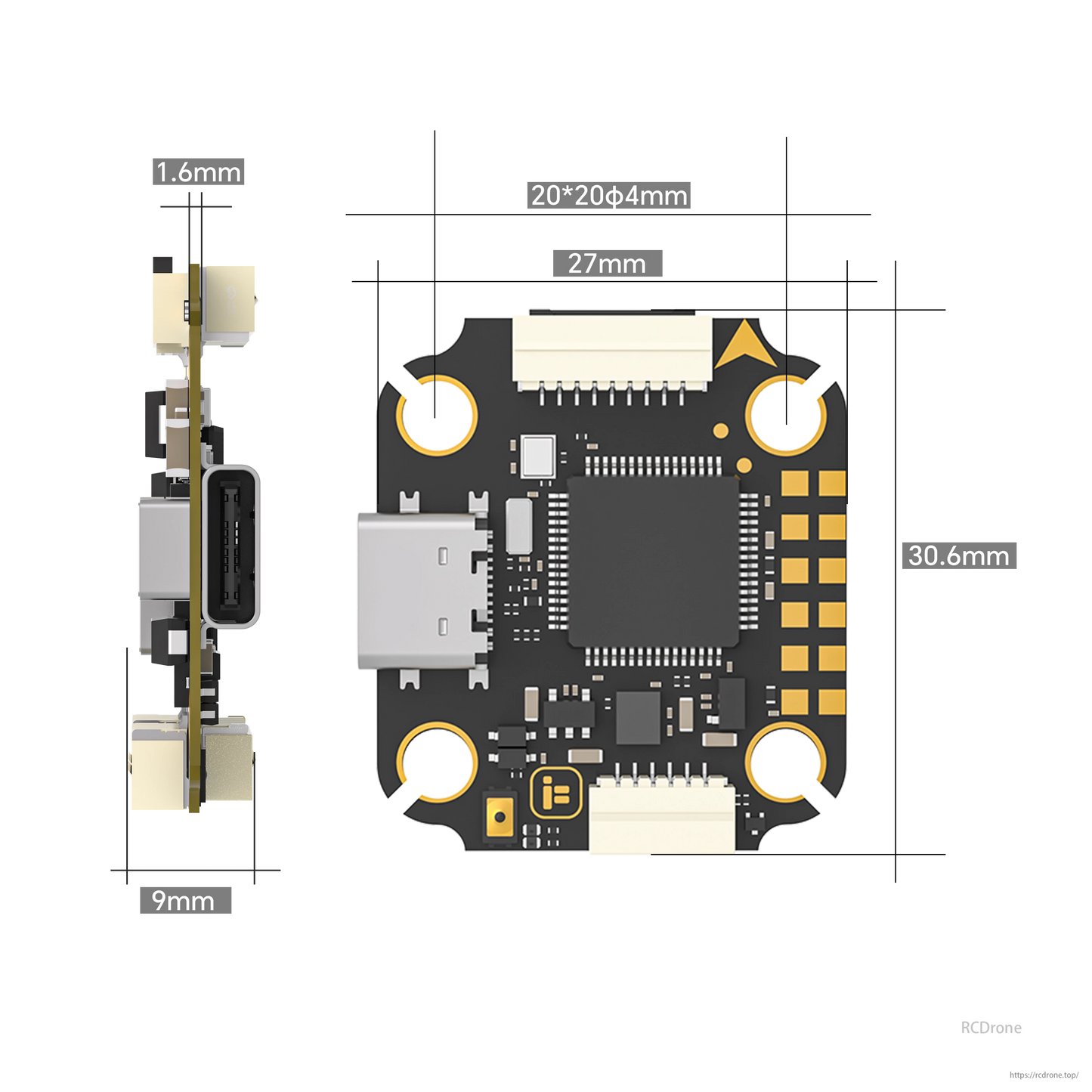 The iFlight Borg F7 Mini Flight Controller measures 30.6mm x 27mm in size.